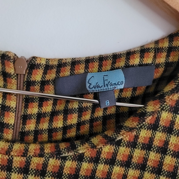 Eva Franco, Faux Wrap Waist Midi Length Dress, Mustard/Orange/Navy, Size 8 - Picture 6 of 9